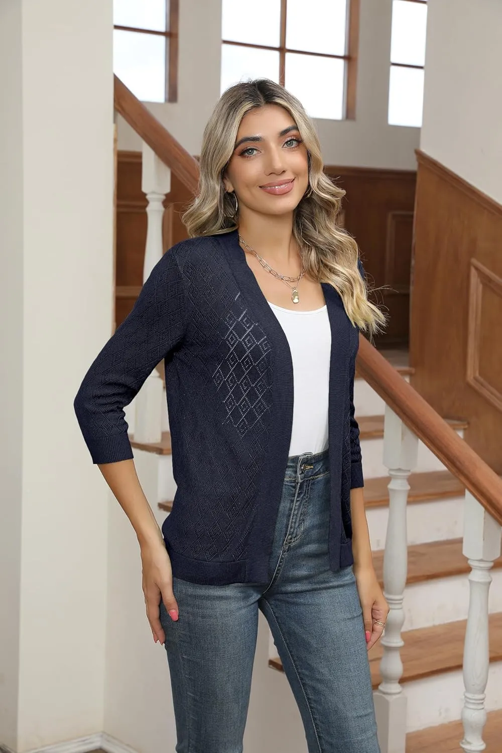 Women's Cardigans 3/4 Sleeve Open Front Lightweight Cropped Cardigan Sweater Hollow Out Knit Shrugs for Dresses