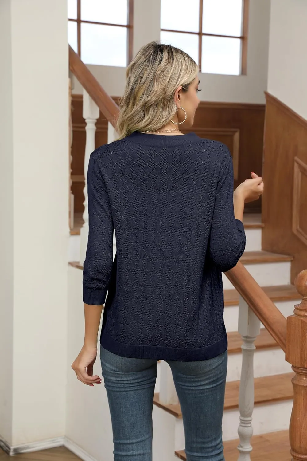 Women's Cardigans 3/4 Sleeve Open Front Lightweight Cropped Cardigan Sweater Hollow Out Knit Shrugs for Dresses
