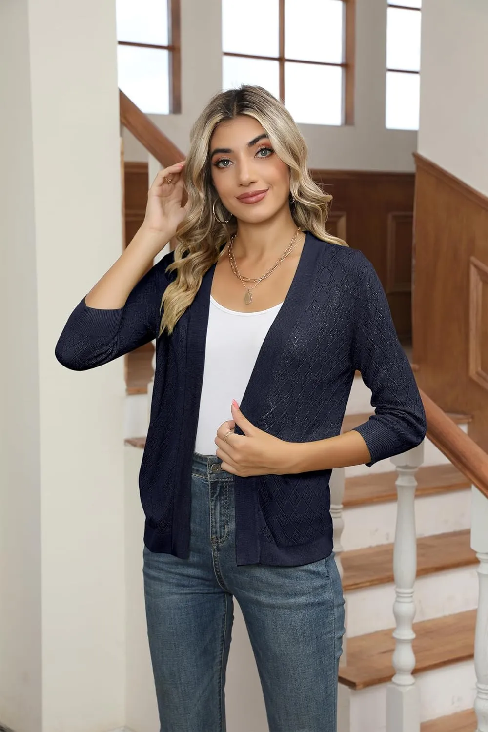 Women's Cardigans 3/4 Sleeve Open Front Lightweight Cropped Cardigan Sweater Hollow Out Knit Shrugs for Dresses
