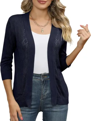 Women's Cardigans 3/4 Sleeve Open Front Lightweight Cropped Cardigan Sweater Hollow Out Knit Shrugs for Dresses