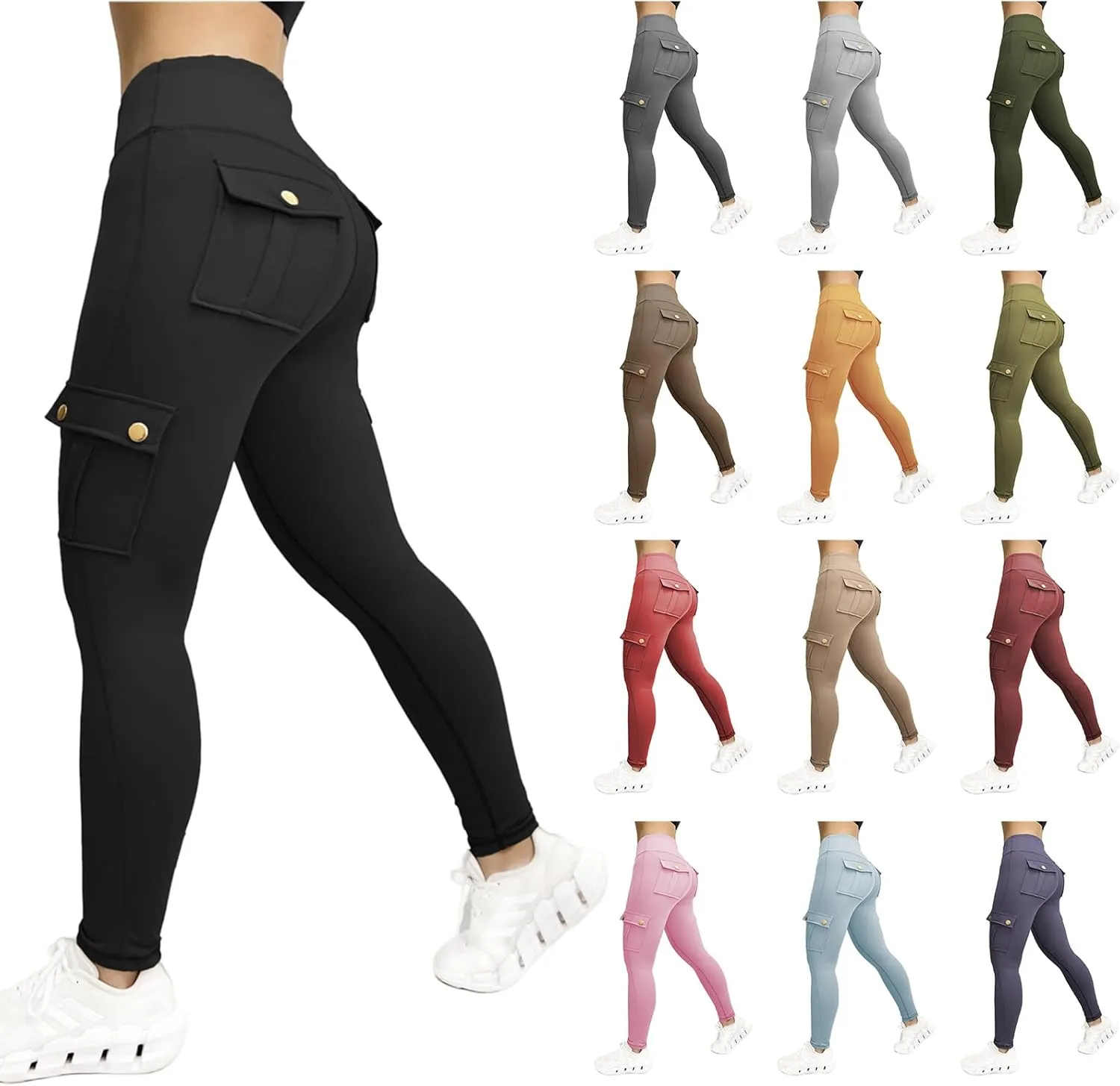 Women's Cargo Yoga Leggings Butt Lifting Leggings with Flap Pockets High Waist Tummy Control Running Pants Gym Tights