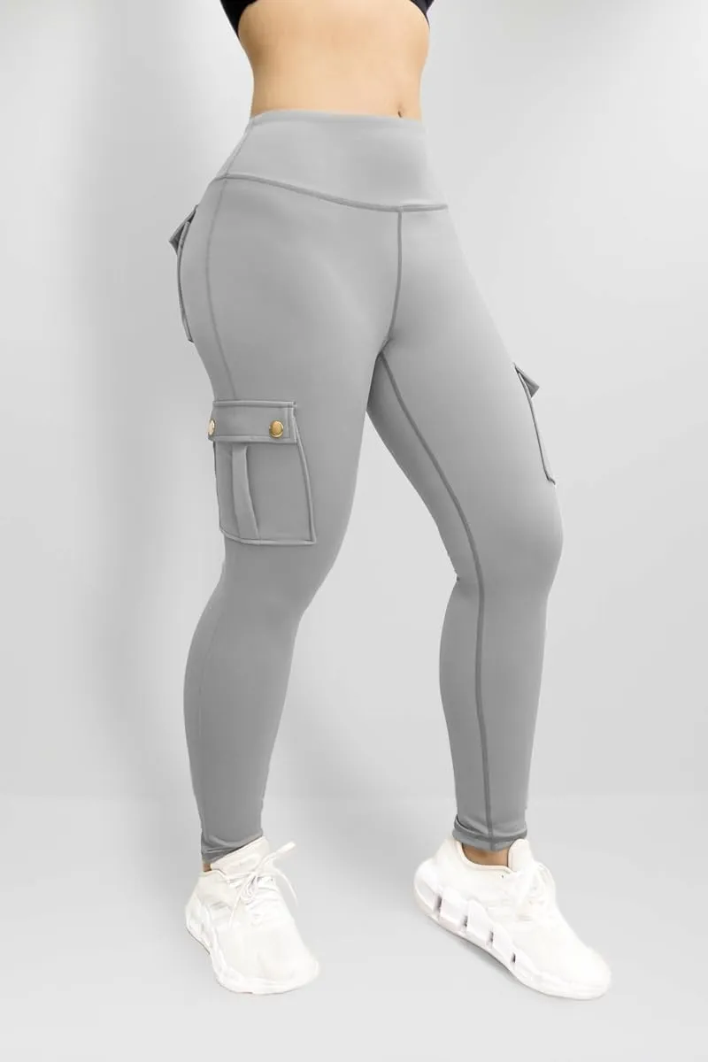 Women's Cargo Yoga Leggings Butt Lifting Leggings with Flap Pockets High Waist Tummy Control Running Pants Gym Tights