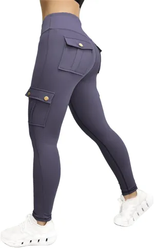 Women's Cargo Yoga Leggings Butt Lifting Leggings with Flap Pockets High Waist Tummy Control Running Pants Gym Tights