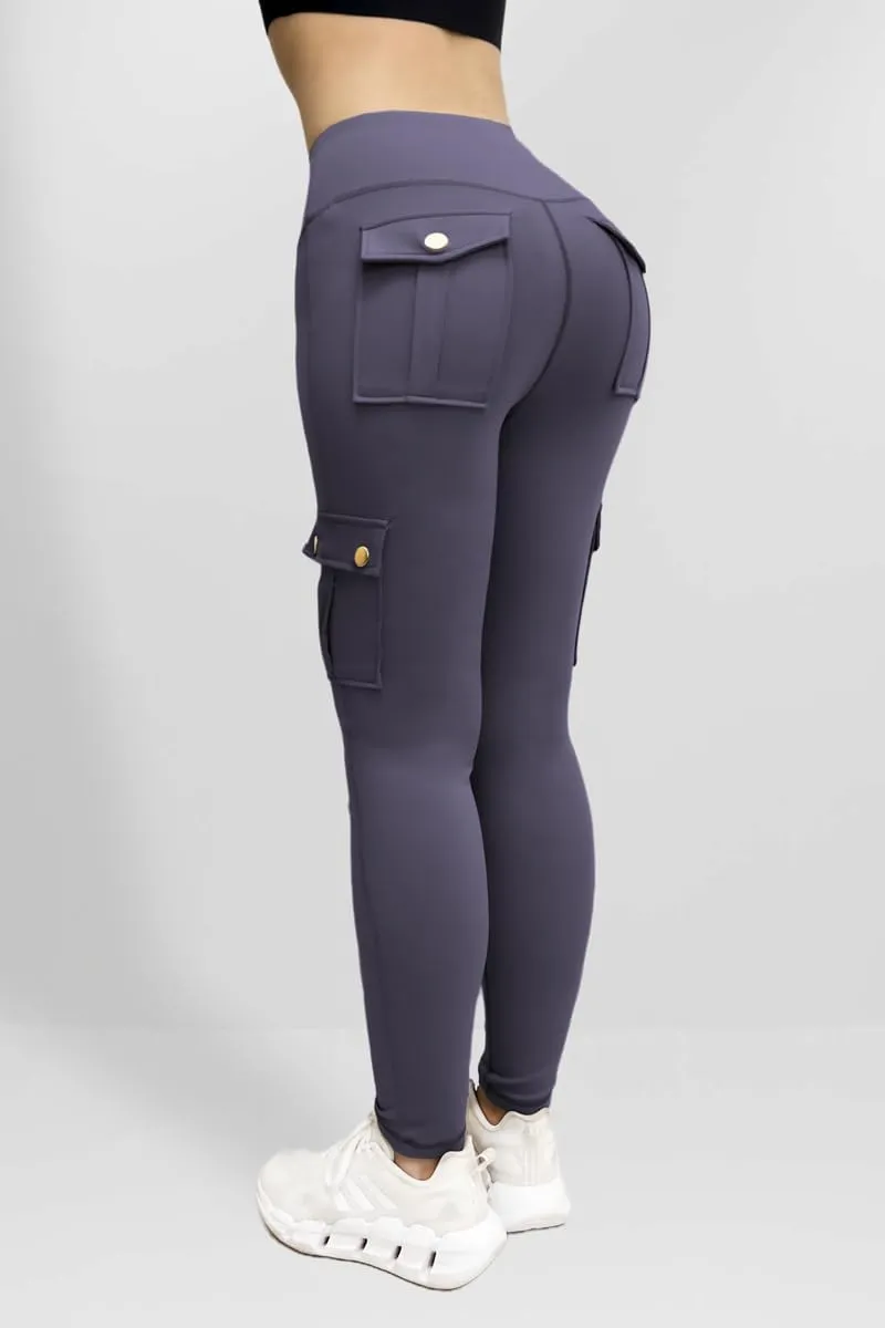 Women's Cargo Yoga Leggings Butt Lifting Leggings with Flap Pockets High Waist Tummy Control Running Pants Gym Tights