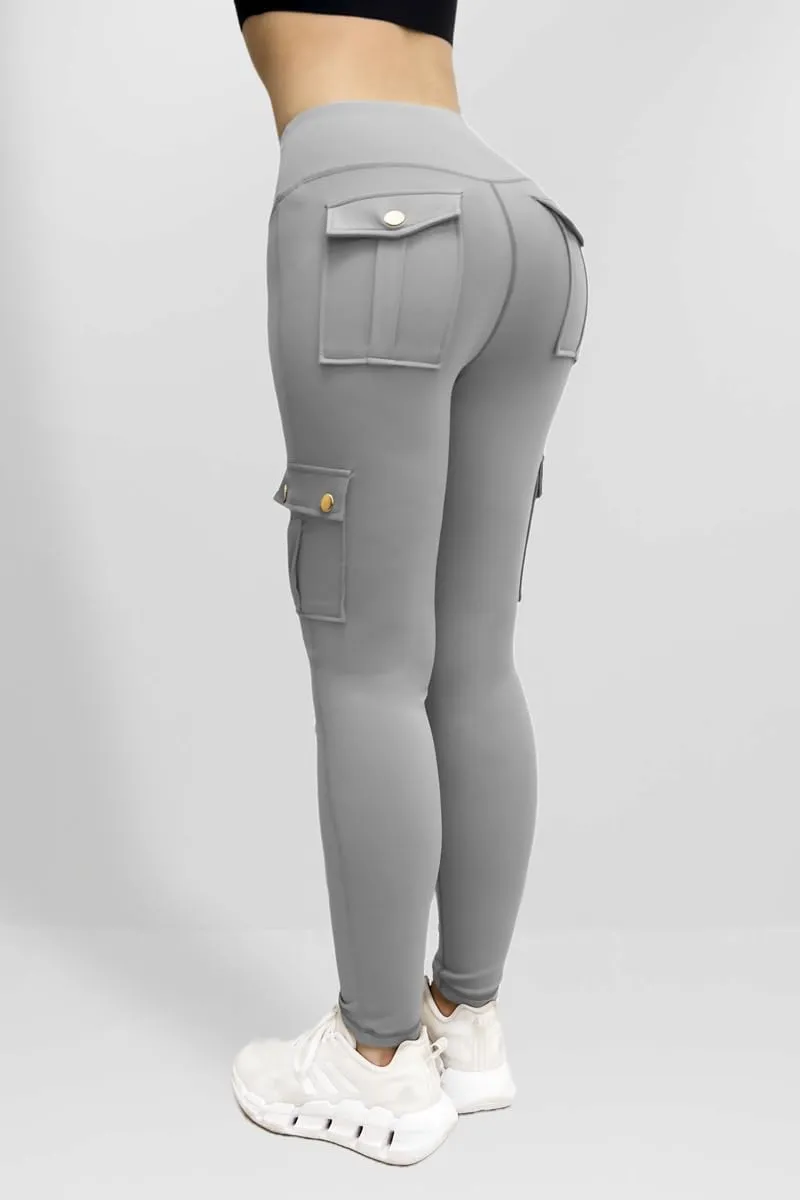 Women's Cargo Yoga Leggings Butt Lifting Leggings with Flap Pockets High Waist Tummy Control Running Pants Gym Tights