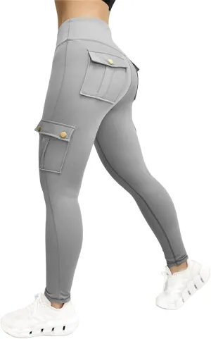 Women's Cargo Yoga Leggings Butt Lifting Leggings with Flap Pockets High Waist Tummy Control Running Pants Gym Tights