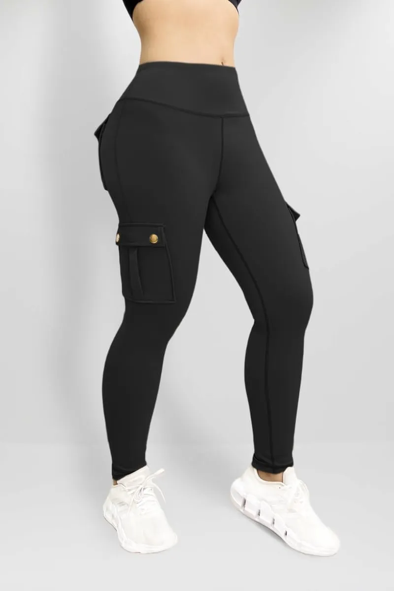 Women's Cargo Yoga Leggings Butt Lifting Leggings with Flap Pockets High Waist Tummy Control Running Pants Gym Tights