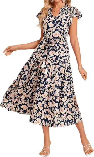 Womens Casual Dresses Boho Floral V Neck Ruffle Short Sleeve Maxi Dress Smocked Dress Beach Vacation Sundress