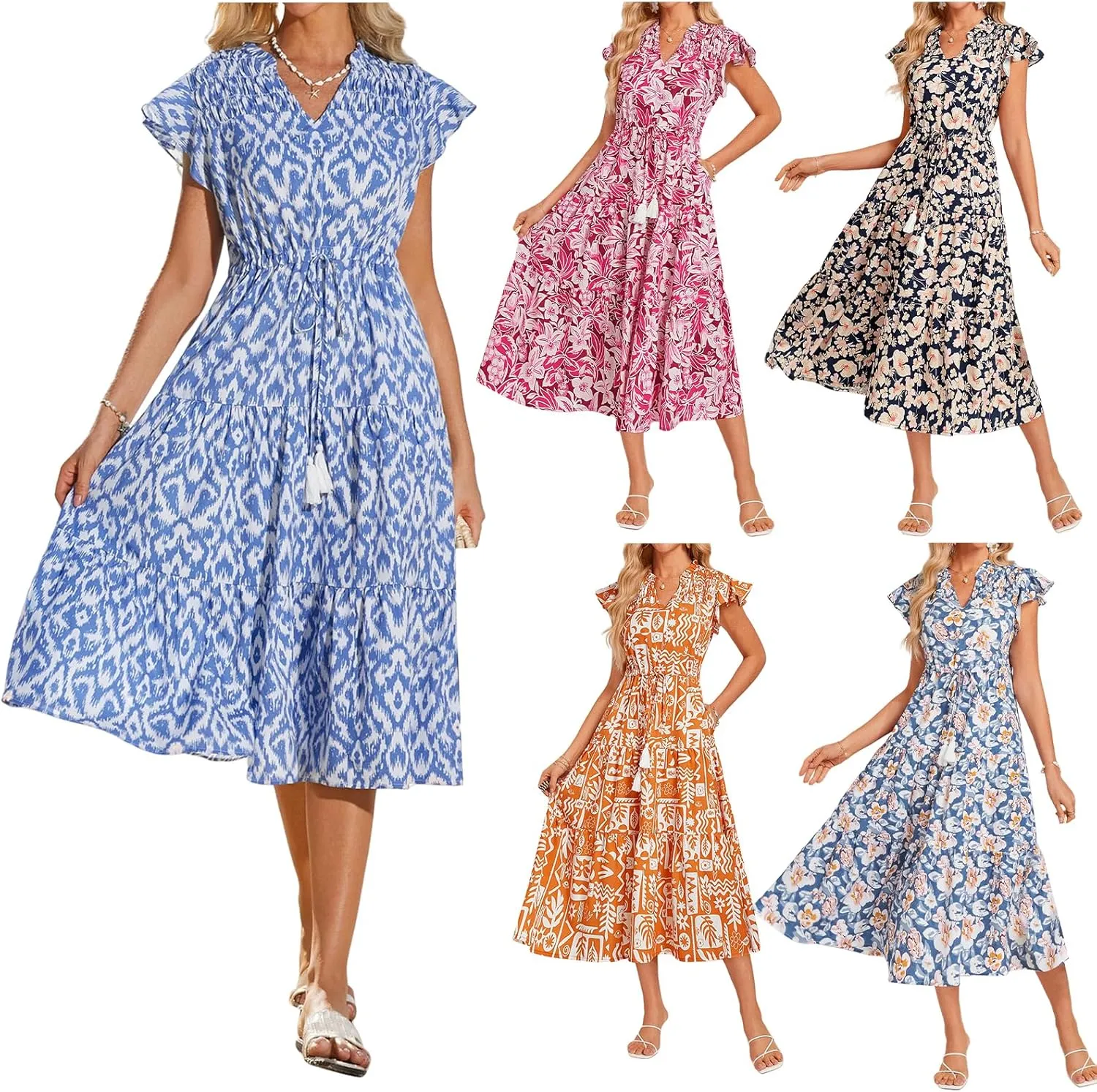 Womens Casual Dresses Boho Floral V Neck Ruffle Short Sleeve Maxi Dress Smocked Dress Beach Vacation Sundress