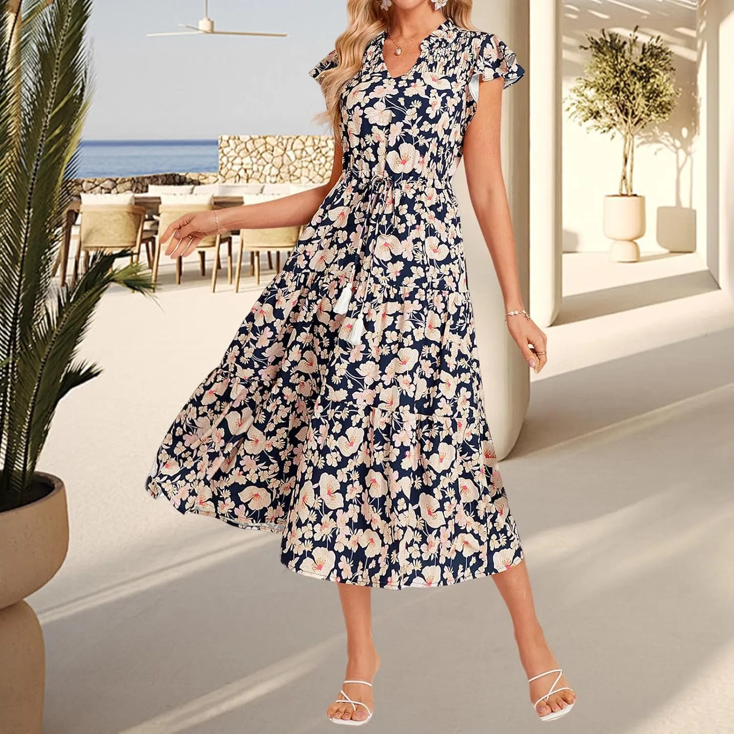 Womens Casual Dresses Boho Floral V Neck Ruffle Short Sleeve Maxi Dress Smocked Dress Beach Vacation Sundress
