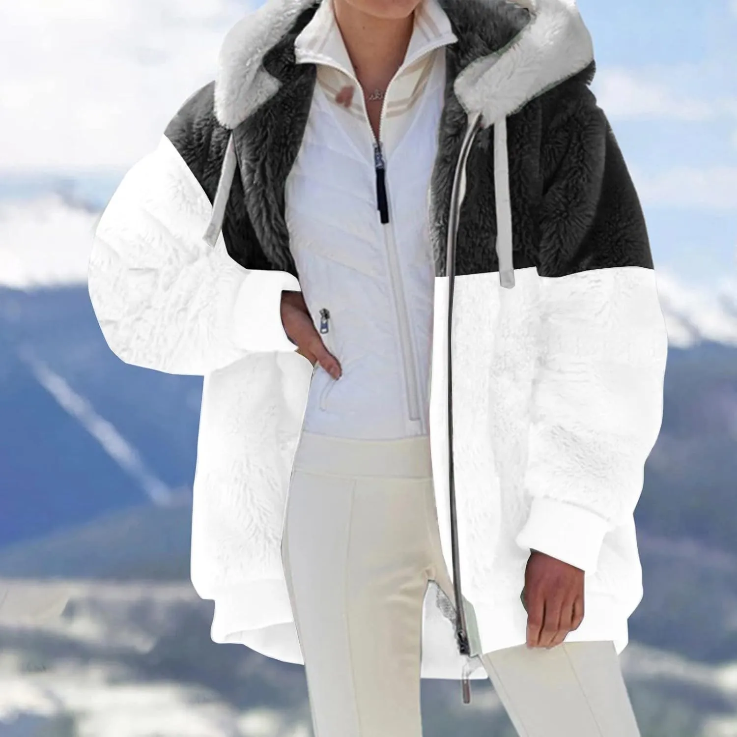 Women's Casual Fashion Loose Solid Color Hat Plus Fleece Collar Pocket Jacket