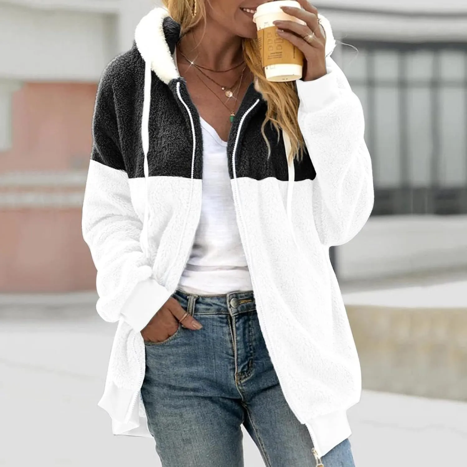 Women's Casual Fashion Loose Solid Color Hat Plus Fleece Collar Pocket Jacket