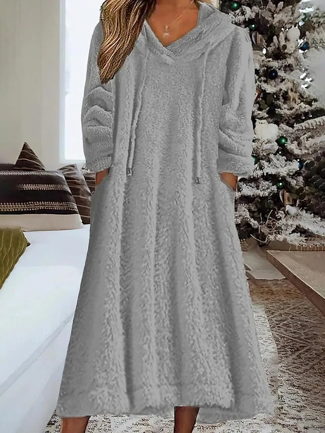 Women's Casual Fluffy Granular Fleece Sherpa Hooded Dress Oversized Plush Fuzzy Pullover Coat with Pockets