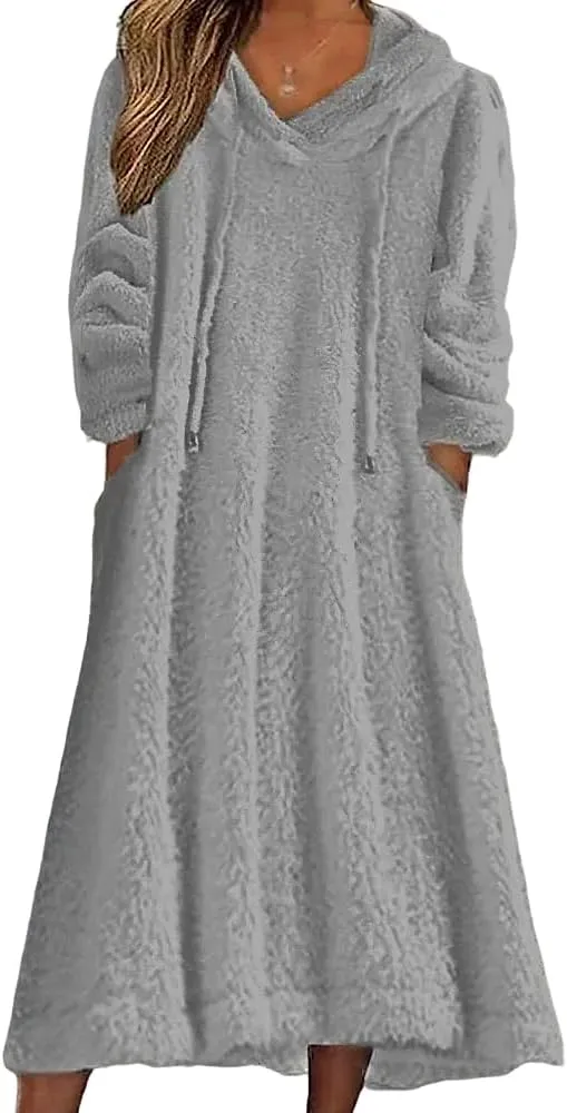 Women's Casual Fluffy Granular Fleece Sherpa Hooded Dress Oversized Plush Fuzzy Pullover Coat with Pockets