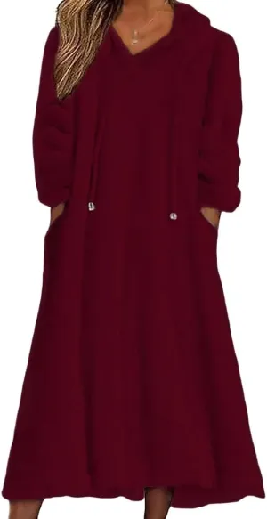 Women's Casual Fluffy Granular Fleece Sherpa Hooded Dress Oversized Plush Fuzzy Pullover Coat with Pockets