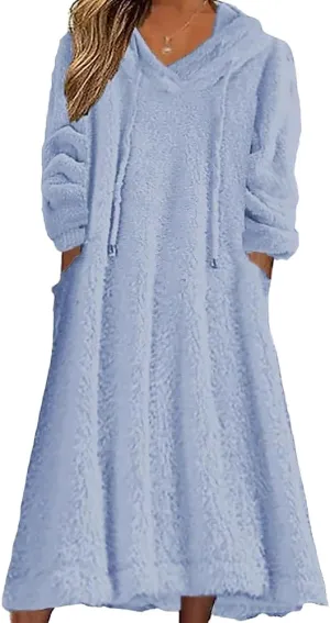 Women's Casual Fluffy Granular Fleece Sherpa Hooded Dress Oversized Plush Fuzzy Pullover Coat with Pockets