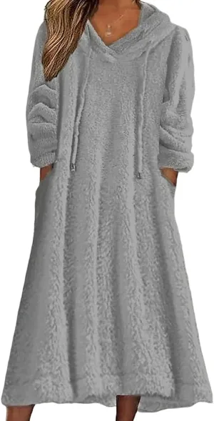 Women's Casual Fluffy Granular Fleece Sherpa Hooded Dress Oversized Plush Fuzzy Pullover Coat with Pockets