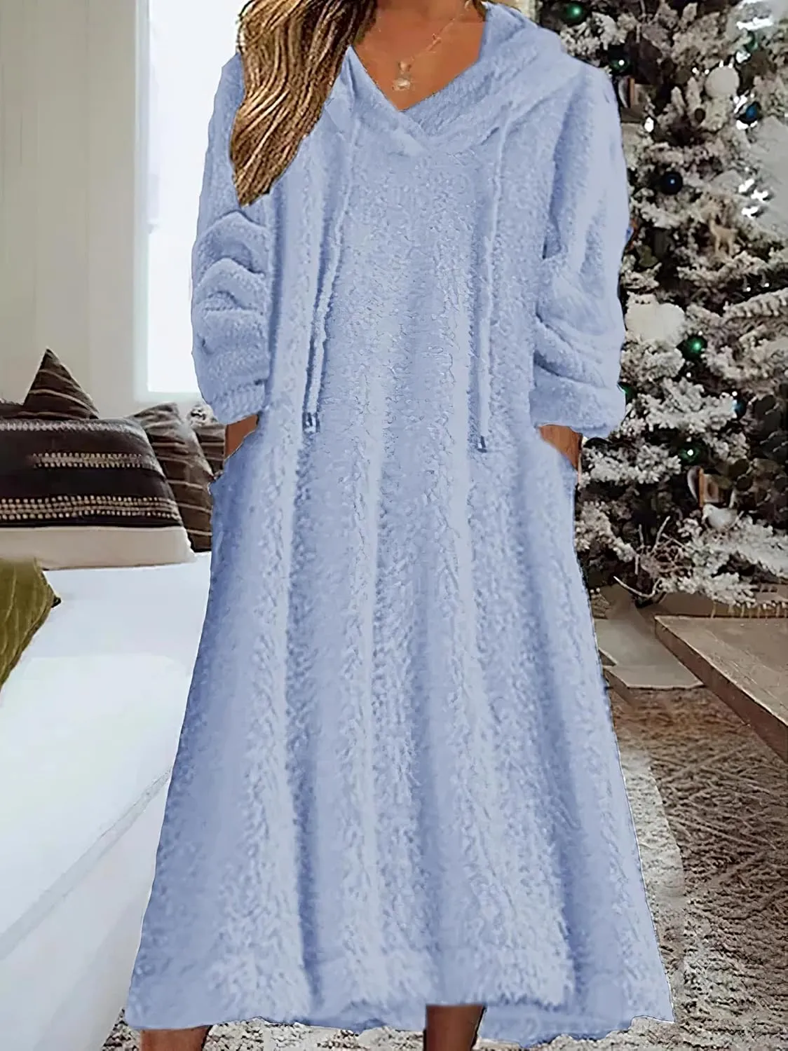 Women's Casual Fluffy Granular Fleece Sherpa Hooded Dress Oversized Plush Fuzzy Pullover Coat with Pockets