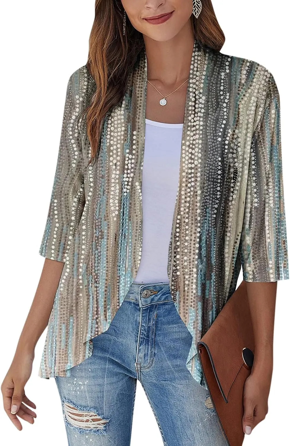 Womens Casual Lightweight Draped Ruffles Cardigans with Pockets 3/4 Sleeve Open Front Dusters
