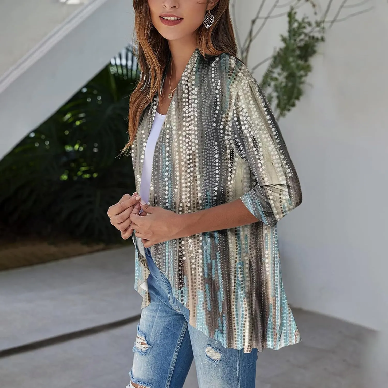 Womens Casual Lightweight Draped Ruffles Cardigans with Pockets 3/4 Sleeve Open Front Dusters