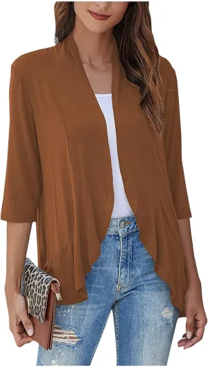 Womens Casual Lightweight Draped Ruffles Cardigans with Pockets 3/4 Sleeve Open Front Dusters