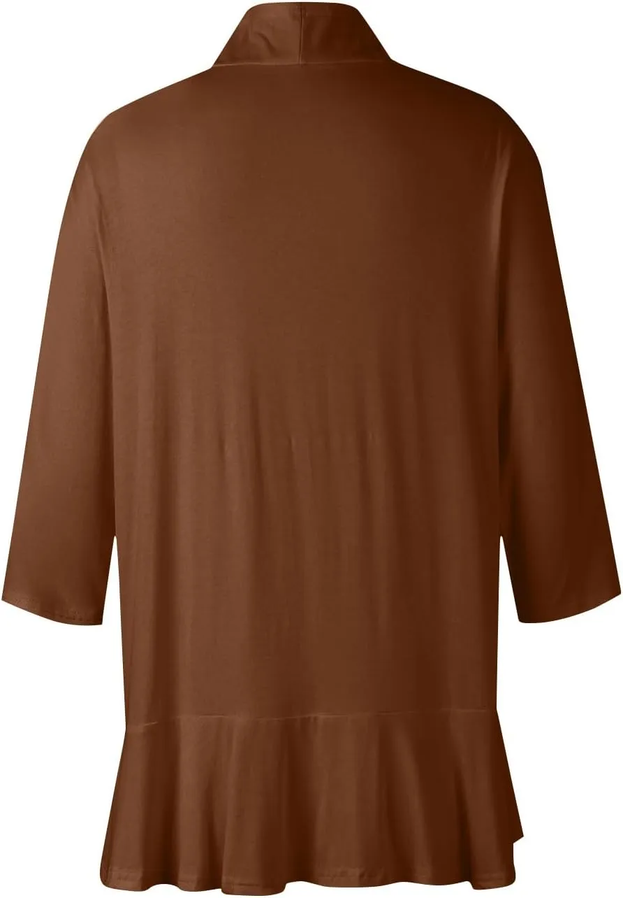 Womens Casual Lightweight Draped Ruffles Cardigans with Pockets 3/4 Sleeve Open Front Dusters