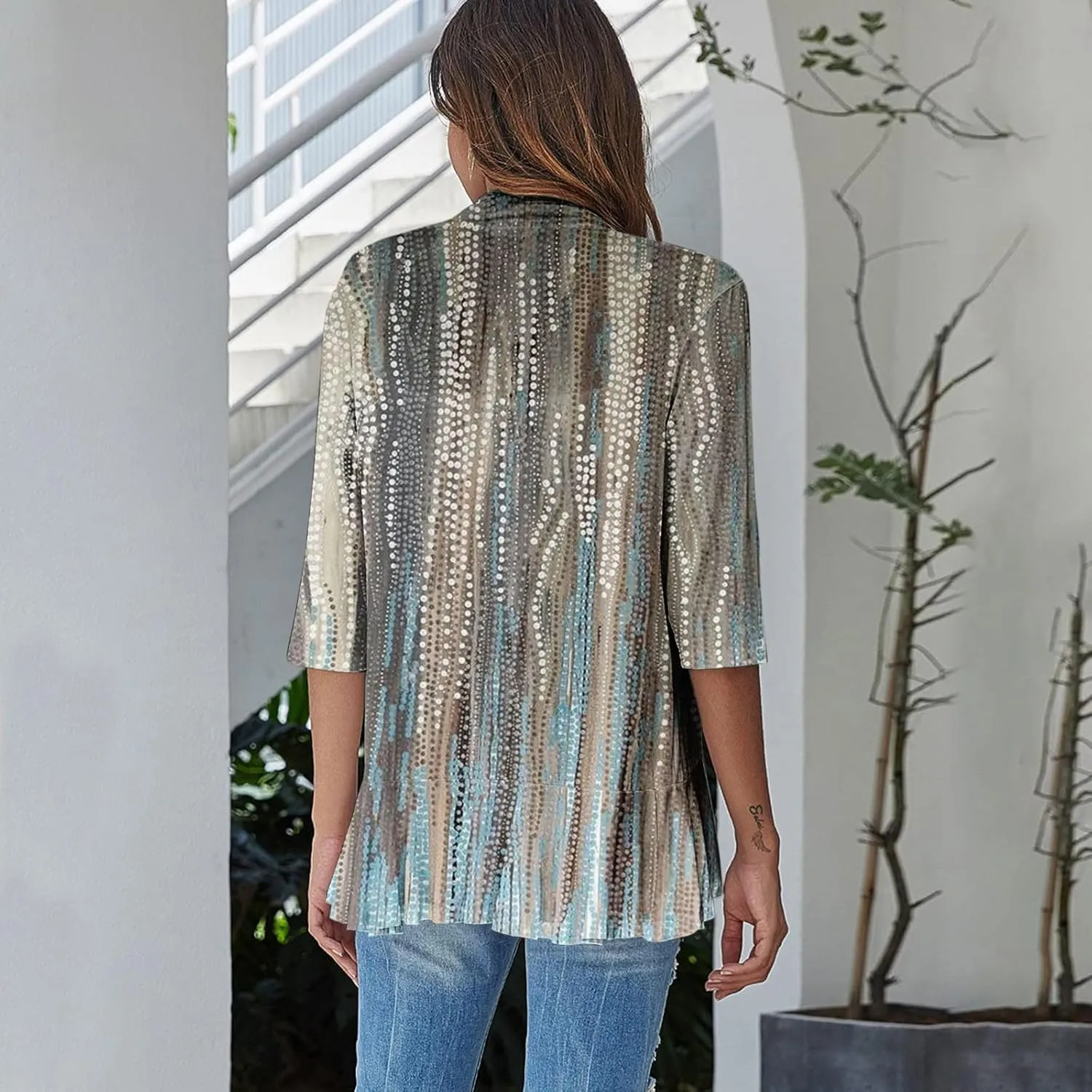 Womens Casual Lightweight Draped Ruffles Cardigans with Pockets 3/4 Sleeve Open Front Dusters
