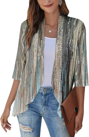 Womens Casual Lightweight Draped Ruffles Cardigans with Pockets 3/4 Sleeve Open Front Dusters