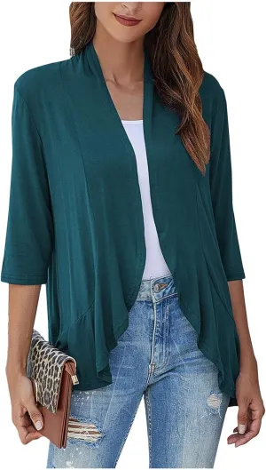 Womens Casual Lightweight Draped Ruffles Cardigans with Pockets 3/4 Sleeve Open Front Dusters