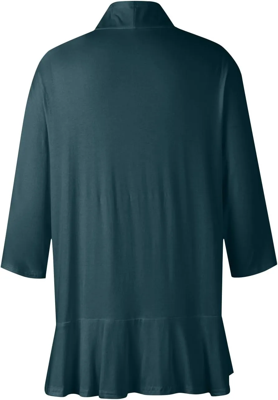 Womens Casual Lightweight Draped Ruffles Cardigans with Pockets 3/4 Sleeve Open Front Dusters