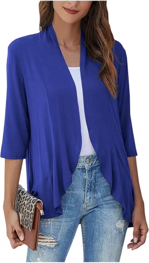 Womens Casual Lightweight Draped Ruffles Cardigans with Pockets 3/4 Sleeve Open Front Dusters