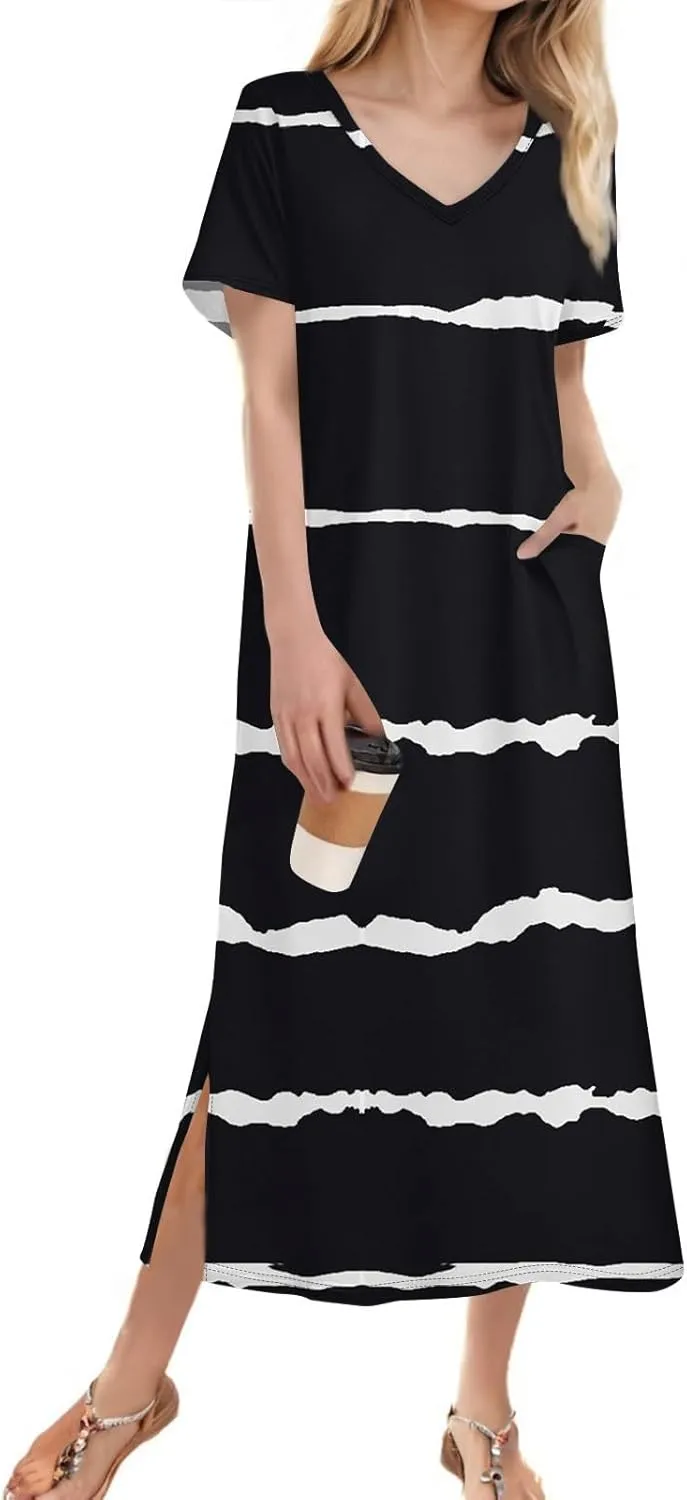 Women's Casual V-Neck Maxi Short Sleeve Loose Fit Long Dress with Pockets for Summer Beach or Daily Wear