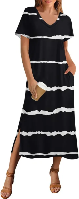 Women's Casual V-Neck Maxi Short Sleeve Loose Fit Long Dress with Pockets for Summer Beach or Daily Wear