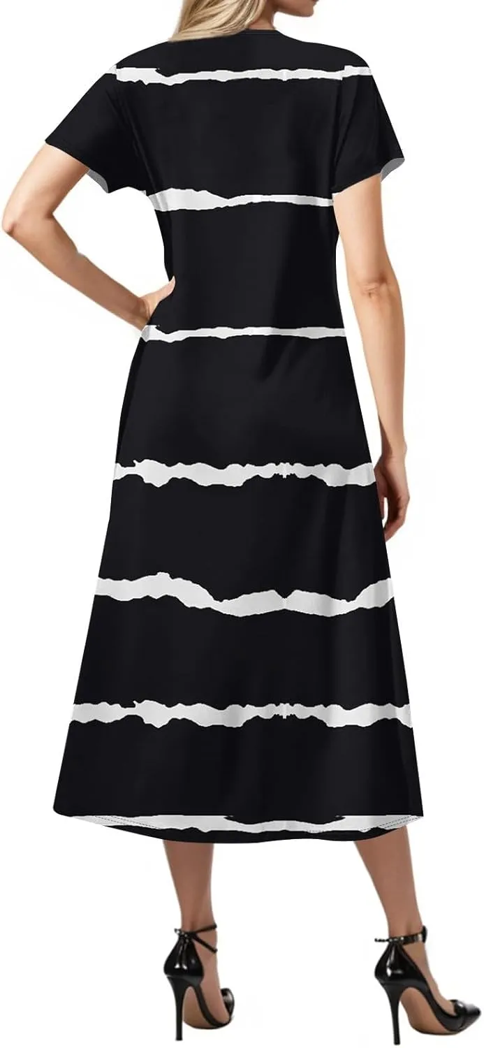 Women's Casual V-Neck Maxi Short Sleeve Loose Fit Long Dress with Pockets for Summer Beach or Daily Wear