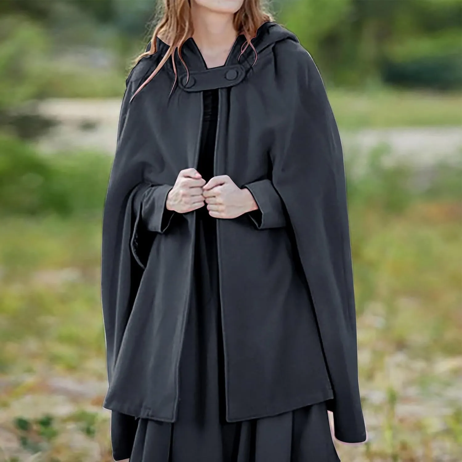 Women's Cloak Hood Wool-Blend Cape Coat Winter Cardigans Plus Size Thick Coat Solid/Classic Scotland Plaid Jackets