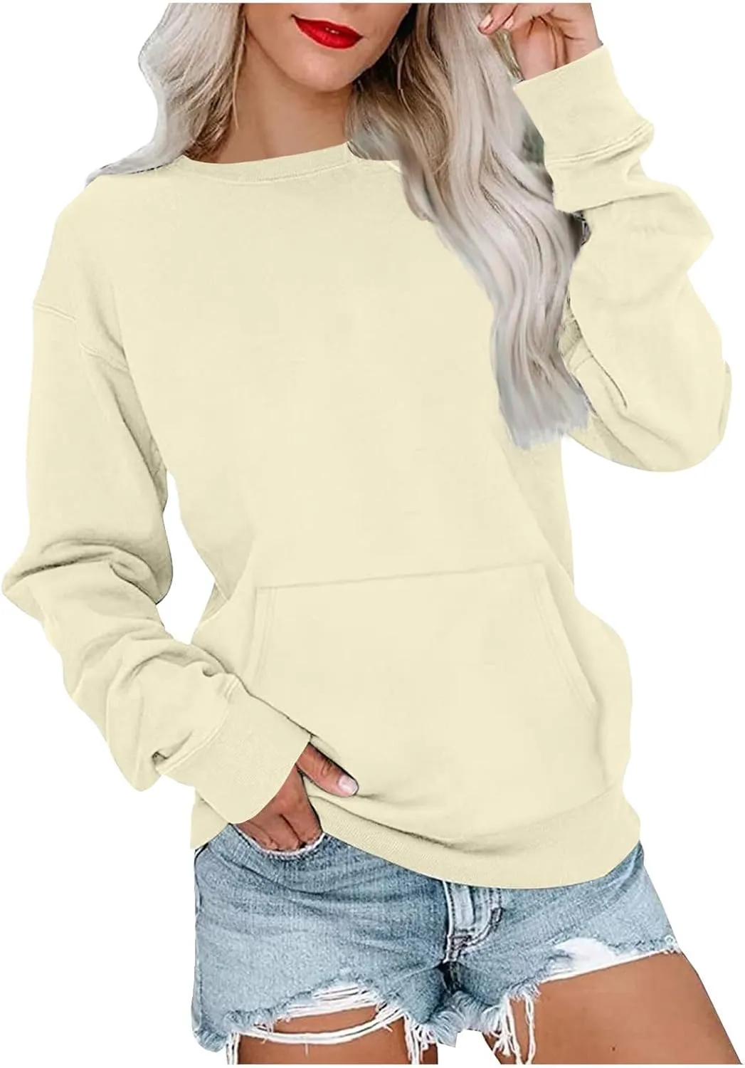 Womens Crewneck Sweatshirt with Pockets Long Sleeve Tunic Tops Oversized Pullover Sweater Cute Hoodies for Teen Girls