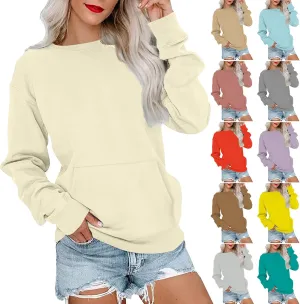 Womens Crewneck Sweatshirt with Pockets Long Sleeve Tunic Tops Oversized Pullover Sweater Cute Hoodies for Teen Girls
