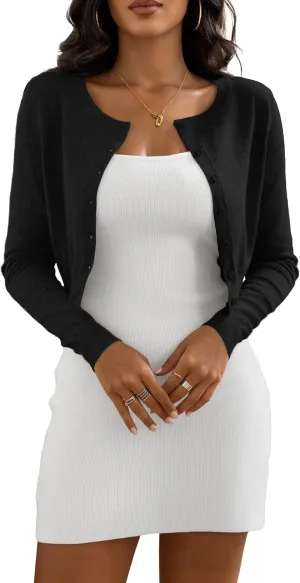 Women's Cropped Cardigan Sweaters Crew Neck Button Down Open Front Knit Bolero Shrugs