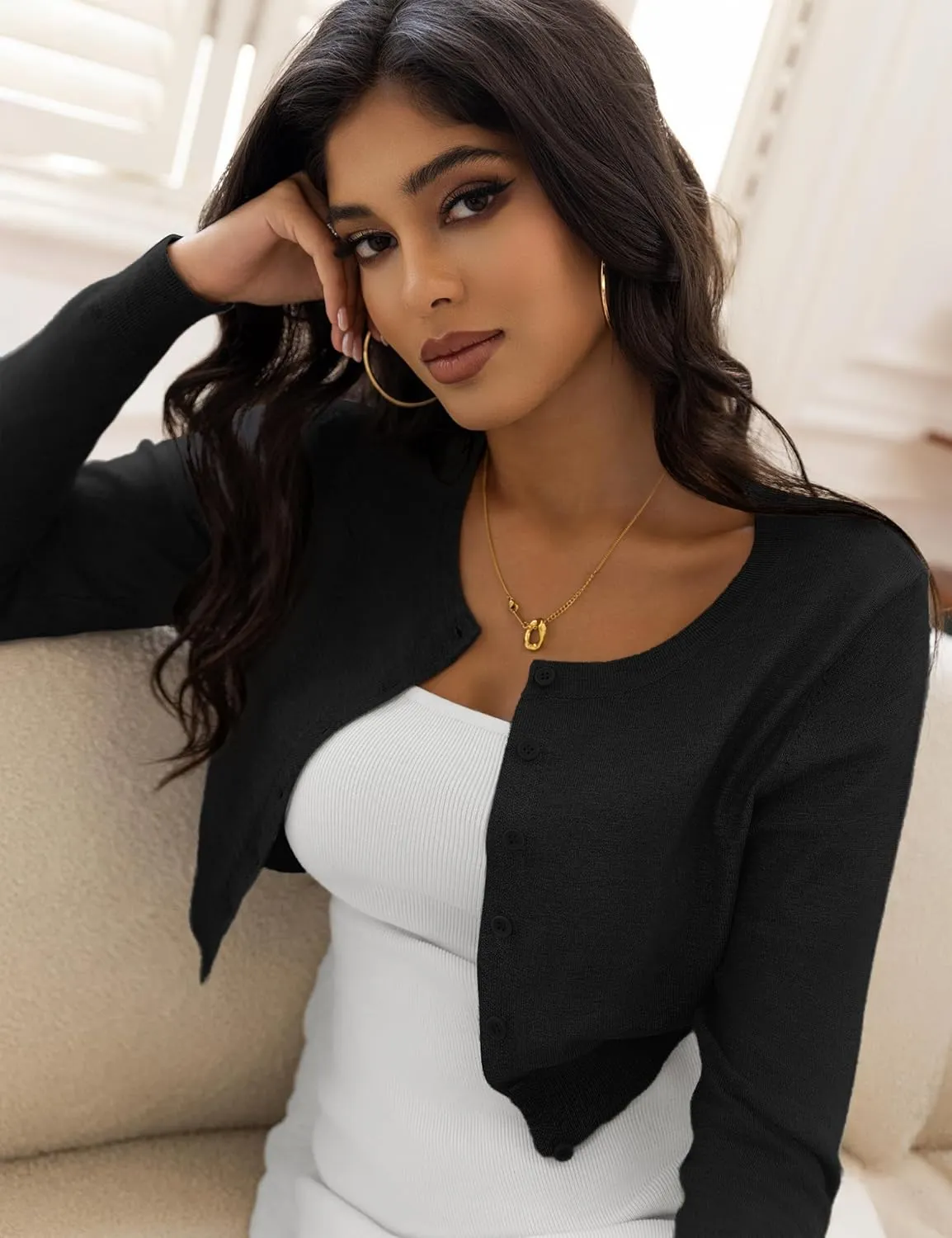 Women's Cropped Cardigan Sweaters Crew Neck Button Down Open Front Knit Bolero Shrugs