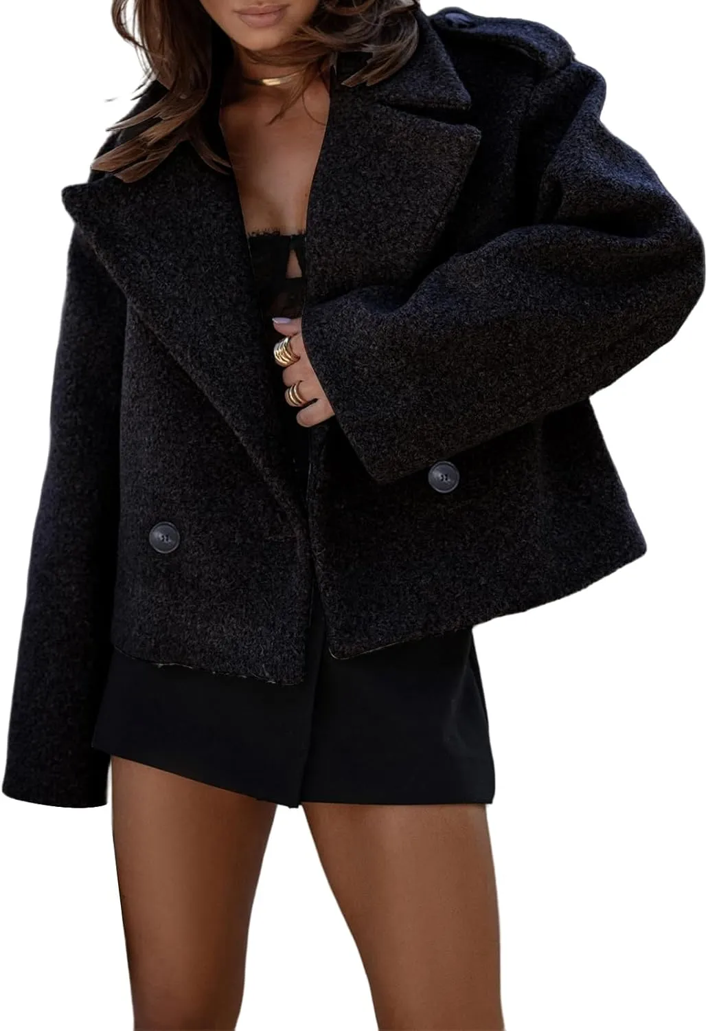 Womens Cropped Peacoat Double Breasted Notched Lapel Coat Wool Blend Short Winter Trench Jacket Casual Dressy Top