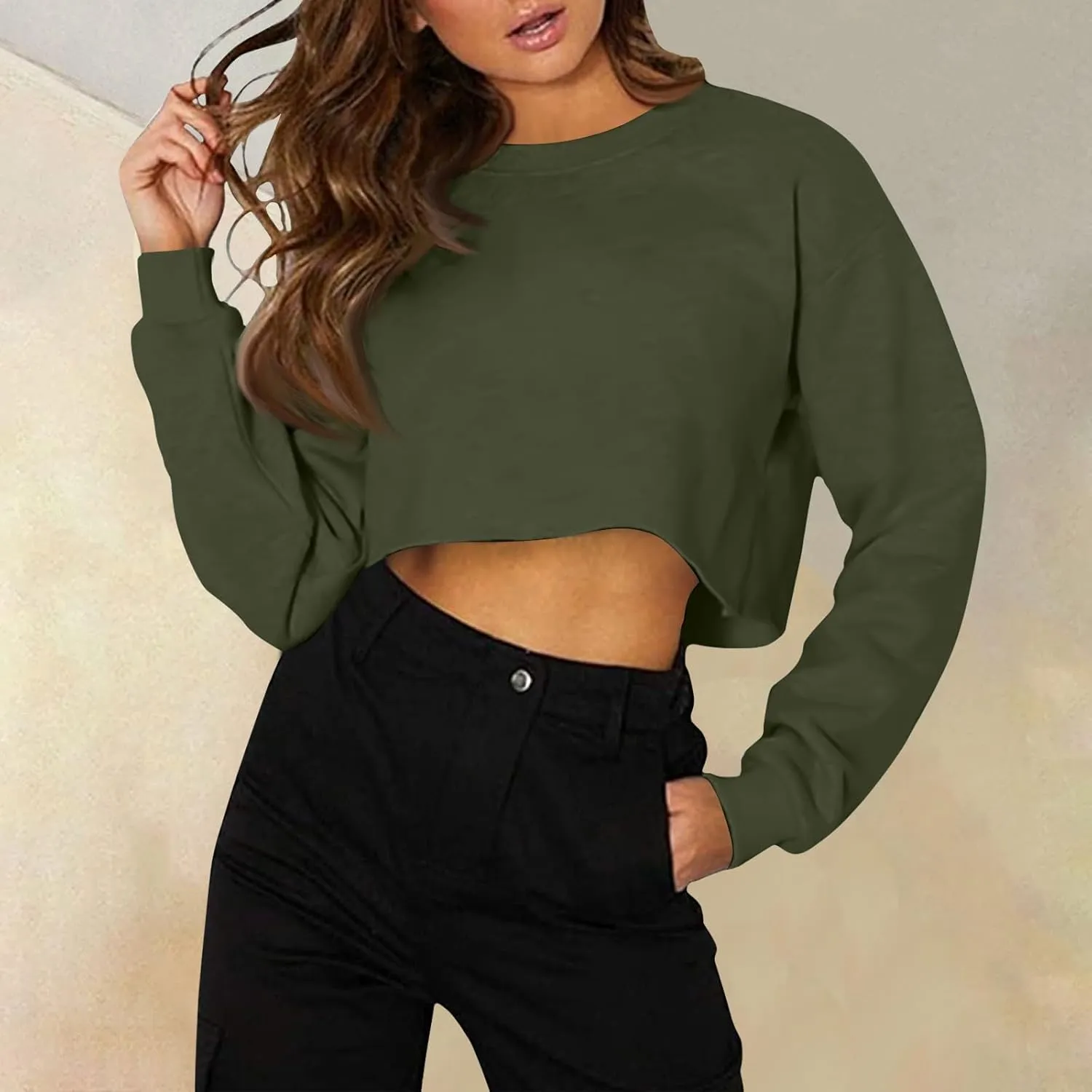Womens Cropped Sweatshirt Long Sleeve Crewneck Oversized Sweater Tops Casual Comfy Loose Tunic Pullover Preppy Clothes