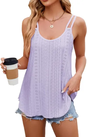 Women's Cute Tank Tops Eyelet Sleeveless Spaghetti Strap Scoop Neck Loose Casual Flowy Shirts