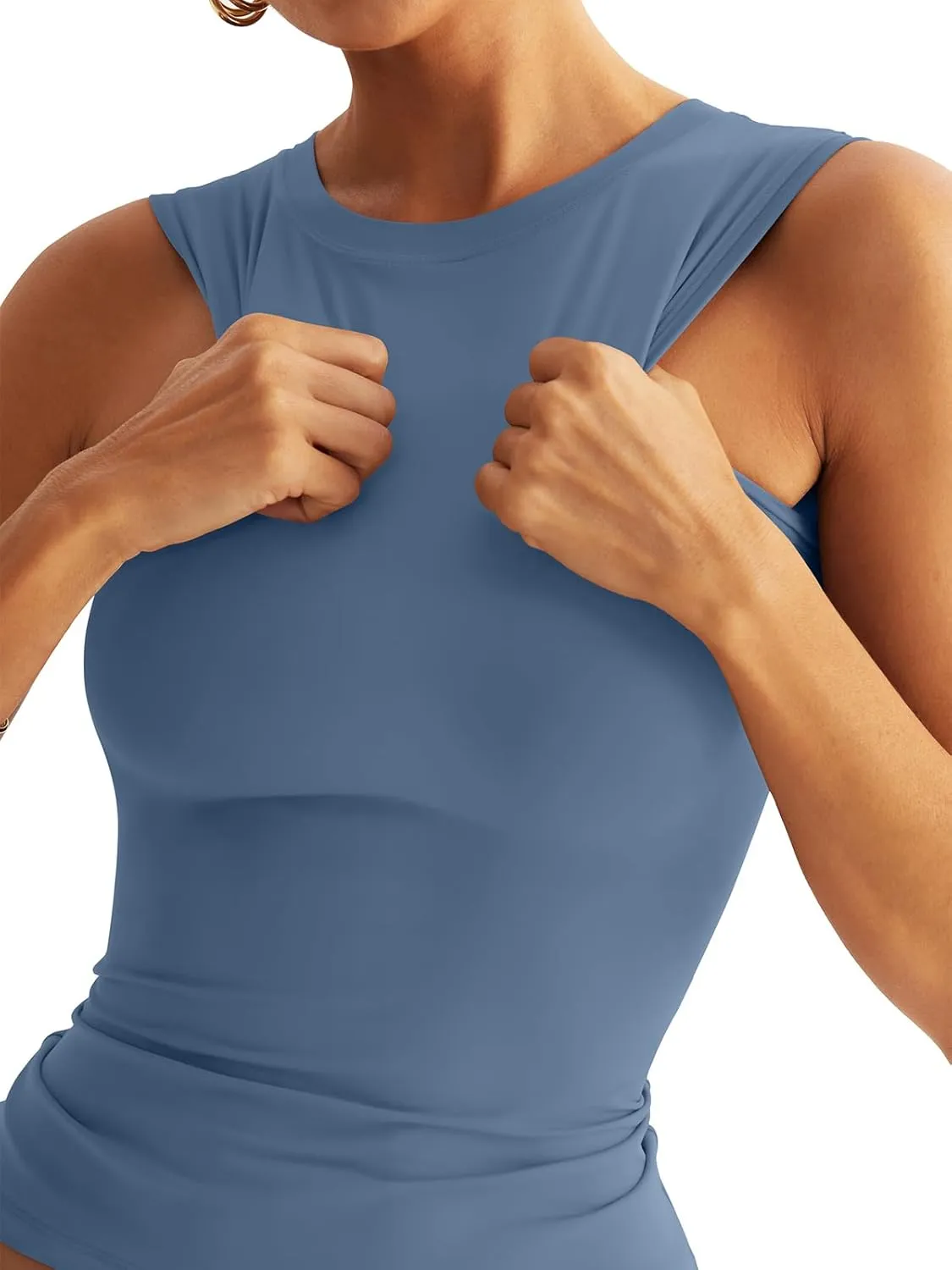 Womens Double Lined Racerback Tank Tops Sleeveless High Neck Fitted Basic Shirts