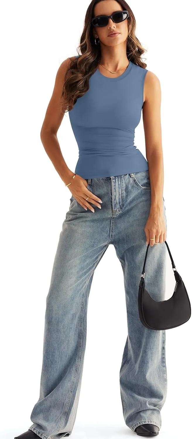 Womens Double Lined Racerback Tank Tops Sleeveless High Neck Fitted Basic Shirts