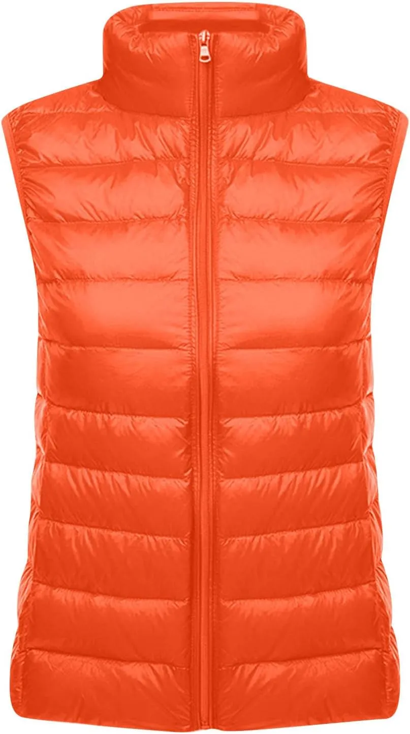 Womens Down Vest Coat Quilted Sleeveless Puffer Jacket Winter Warm Slim Fit Cotton-Padded Waistcoat Solid Color Gilet