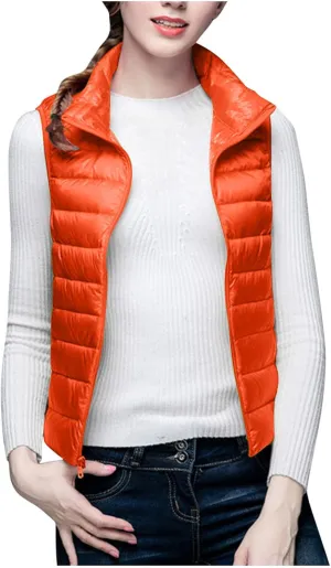 Womens Down Vest Coat Quilted Sleeveless Puffer Jacket Winter Warm Slim Fit Cotton-Padded Waistcoat Solid Color Gilet