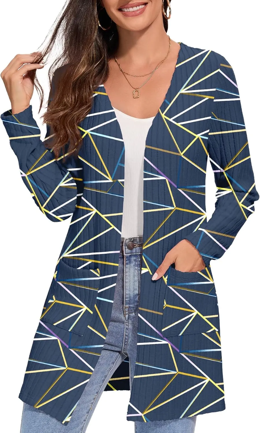 Women's Fall Casual Open Front Long Cardigan Loose Lightweight Cardigans with Pockets