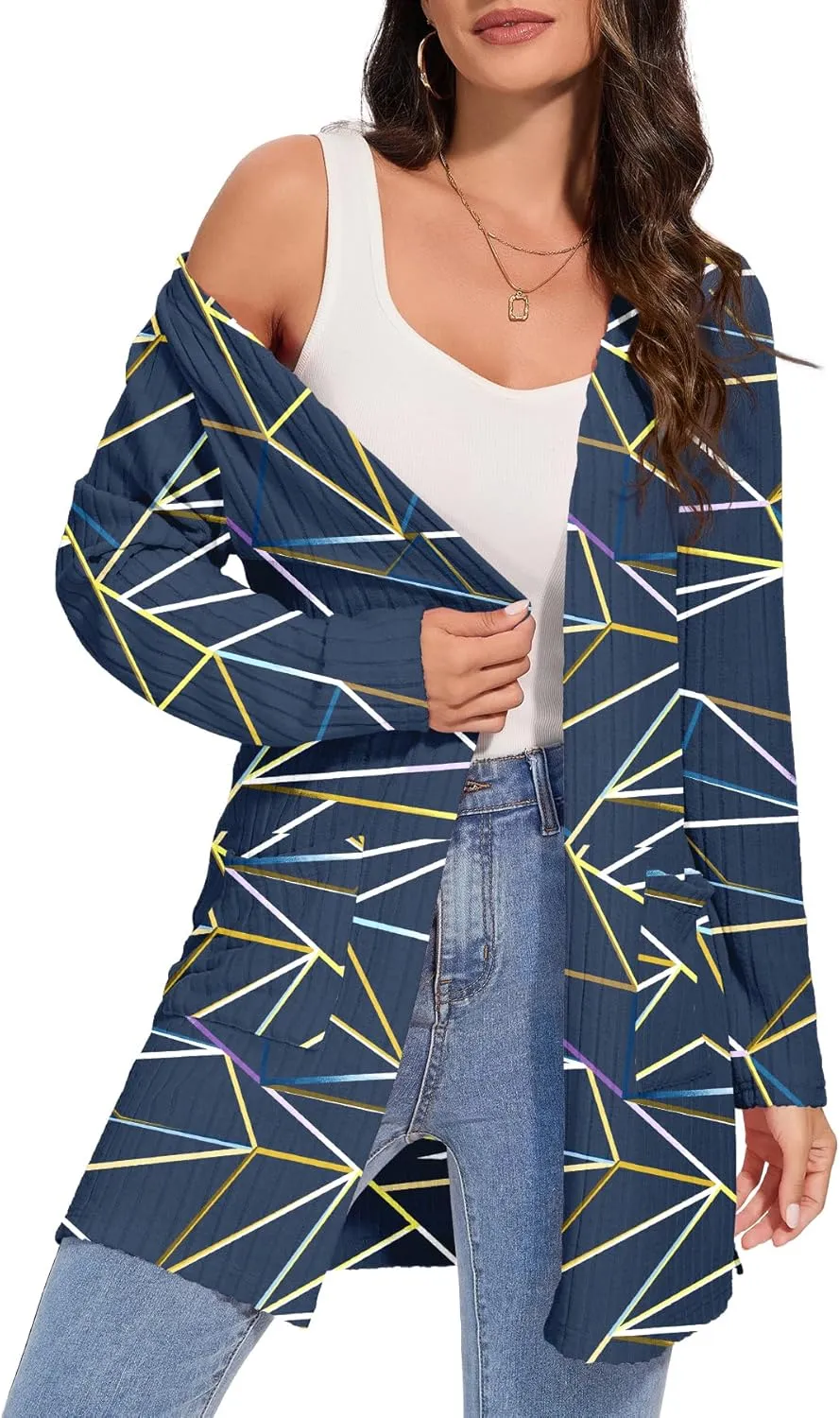Women's Fall Casual Open Front Long Cardigan Loose Lightweight Cardigans with Pockets