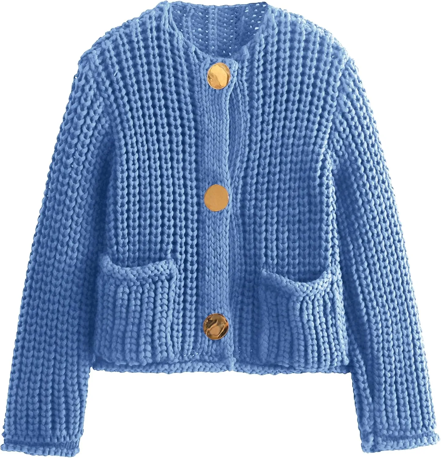 Womens Fall Chunky Knit Cardigan Gold Button Down Long Sleeve Crop Crochet Sweater