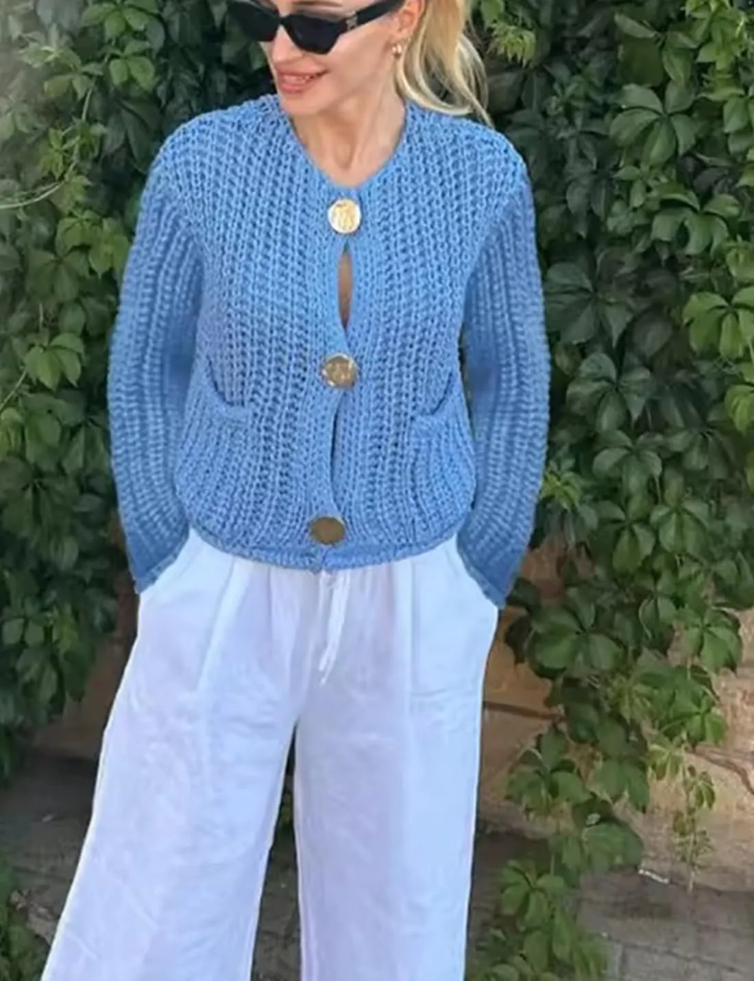 Womens Fall Chunky Knit Cardigan Gold Button Down Long Sleeve Crop Crochet Sweater